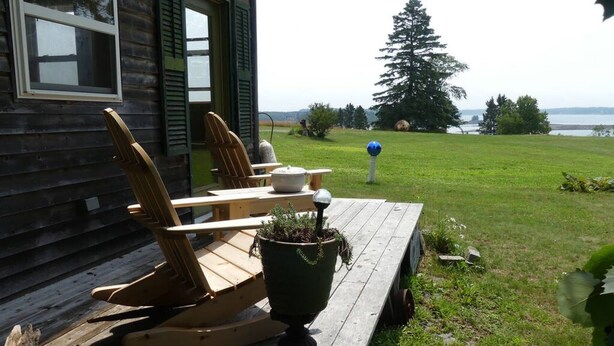 A wooden deck with two rocking chairs and a potted plant.