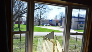 A sailboat model on a windowsill with a view of a green lawn and a road outside. - Reel 'Em Inn (Carlyle)