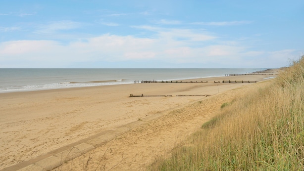 Una spiaggia sabbiosa con un molo di legno che si protende nell'acqua.