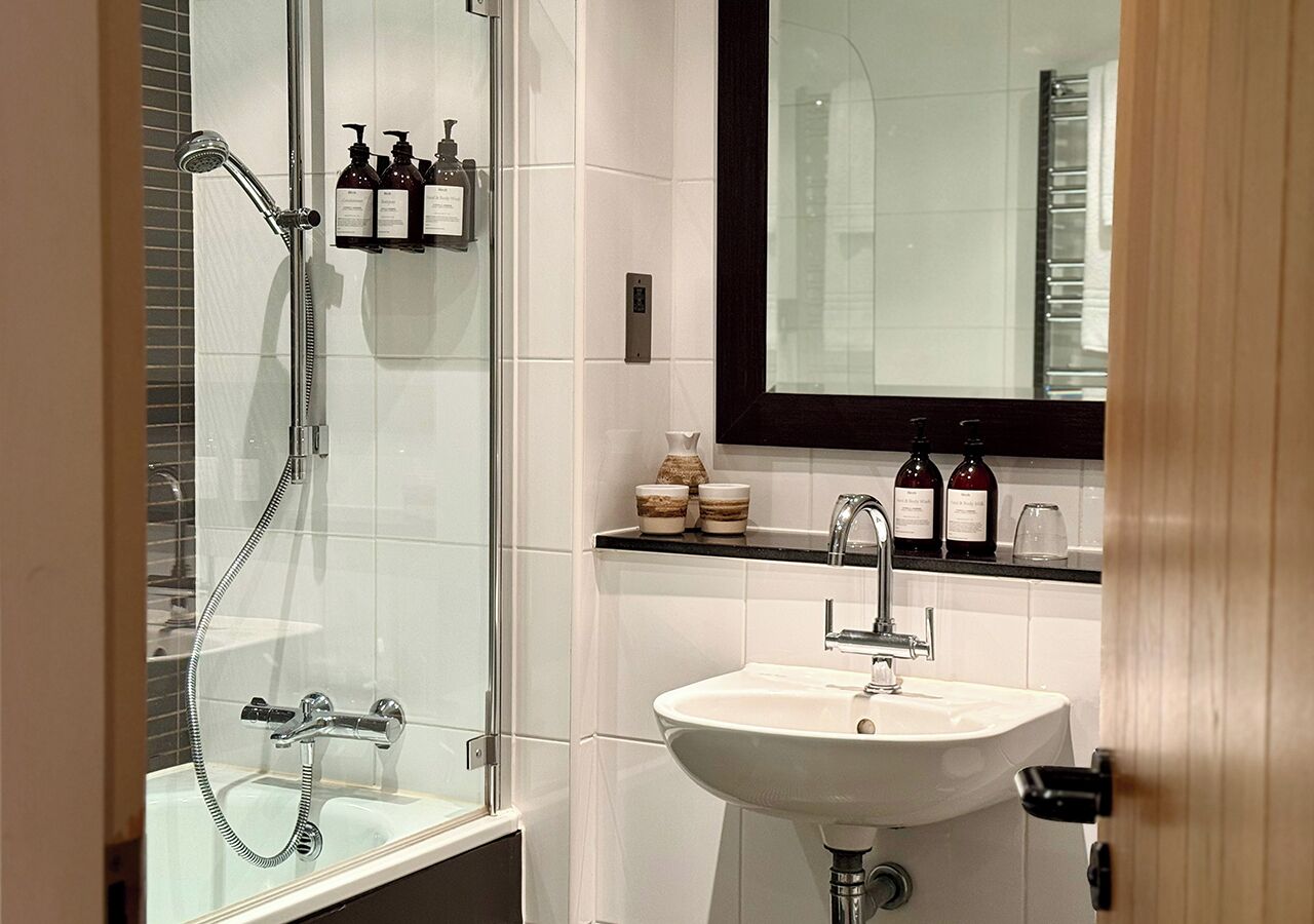 Hair dryer, towels, soap, shampoo