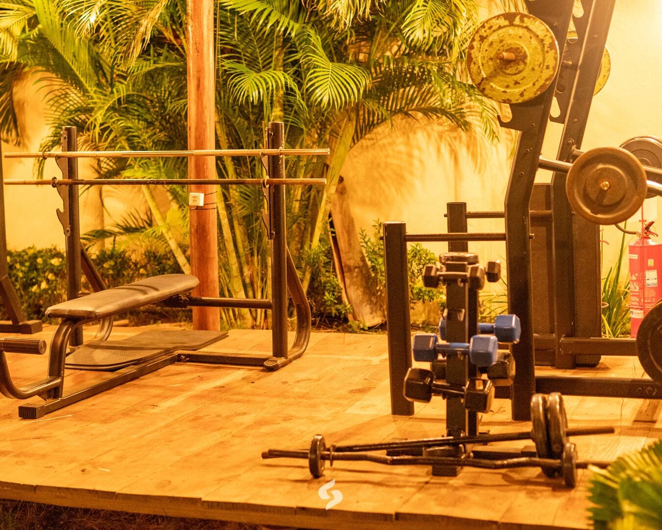 Un gimnasio con equipo de ejercicio, una banca y zona de levantamiento de pesas.