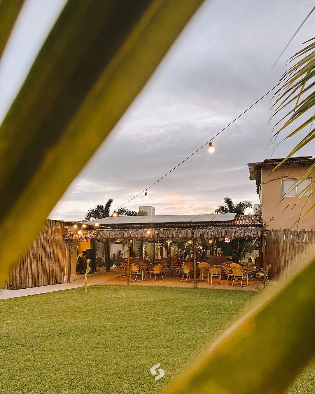 An outdoor seating area with chairs and tables, a thatched roof structure, and a string of lights.