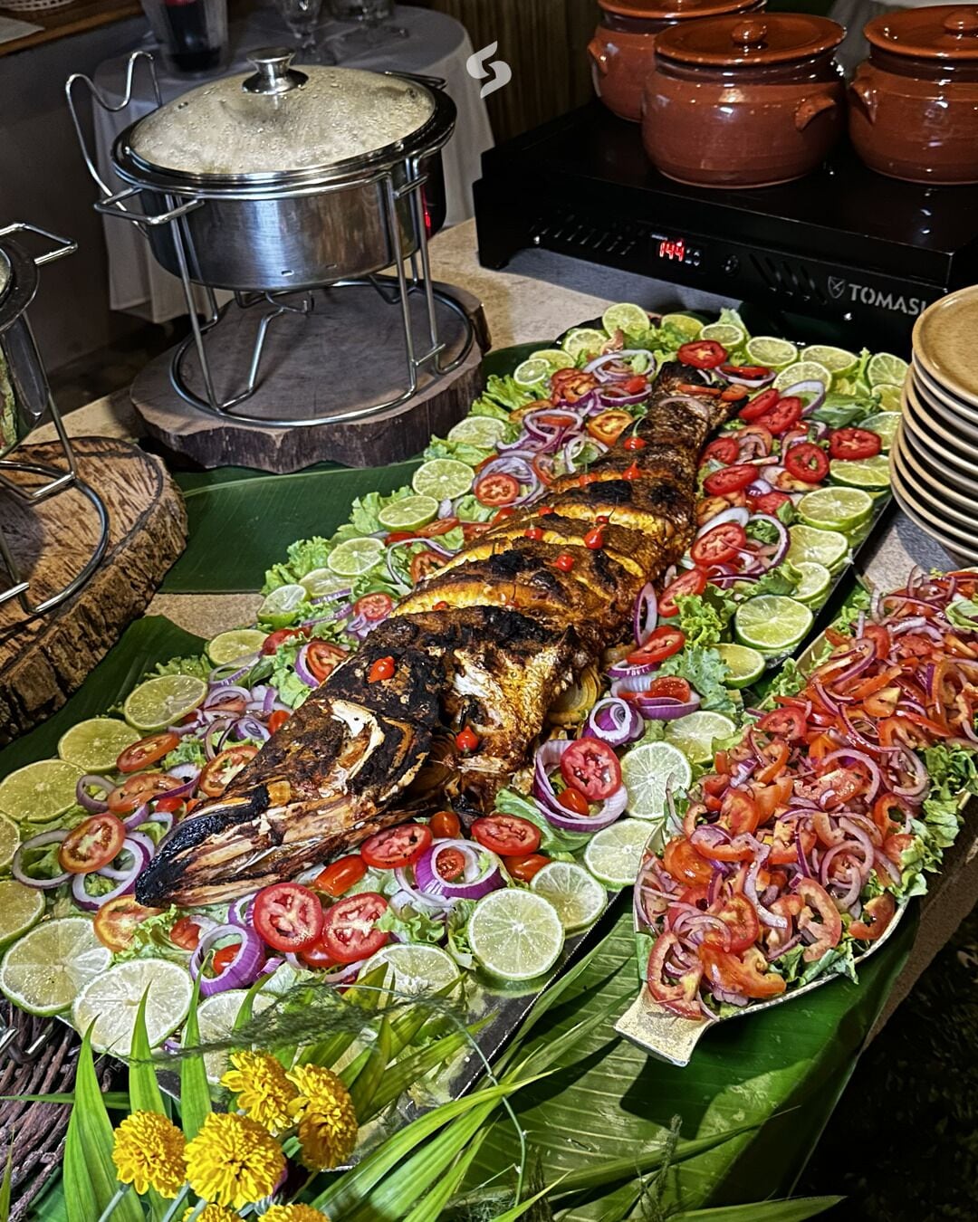A buffet table with a variety of dishes, including grilled fish, salads, and a large pot on the stove.