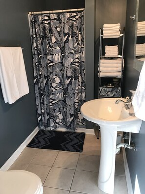 Combined shower/bathtub, hair dryer, towels