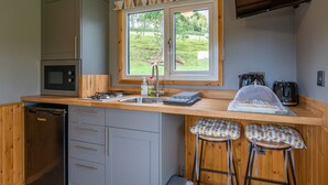 Una cocina compacta equipada con microondas, pileta y lavavajillas. Se puede ver vegetación a través de la ventana.