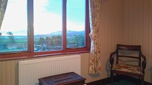 Une pièce avec une fenêtre donnant sur un paysage, un radiateur, un meuble en bois, une chaise et une poubelle.