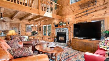 Smart TV, fireplace, DVD player, books