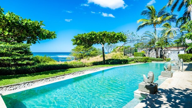 A clear blue swimming pool with a view of the ocean, surrounded by lush greenery and palm trees.