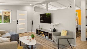 A modern living room with a flat-screen TV, a sofa, a coffee table, and a bookshelf. - DreamCatcher-S Uptown! Walk to Shop/Dine/Hike (Sedona)