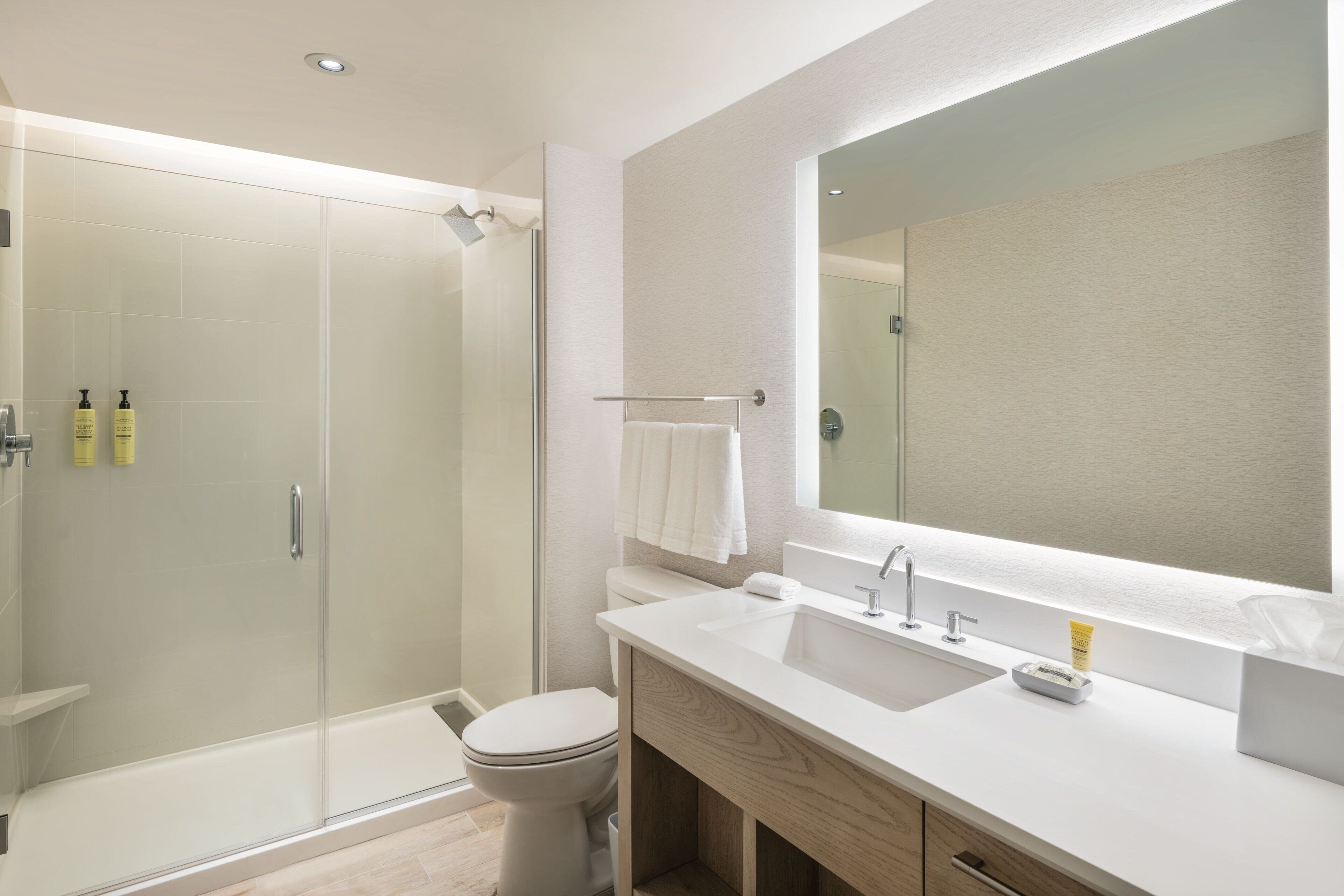 A modern bathroom with a glass-enclosed shower, a white toilet, and a vanity with a mirror.