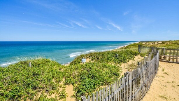 A beach with a wooden fence and greenery leading to the ocean. - Peace and Quiet & Spacious Back Deck (Wellfleet)