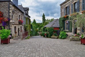A cobblestone street lined with historic stone buildings, some with flower boxes and greenery. - Casa Camélias - LIMERZEL (LIMERZEL)