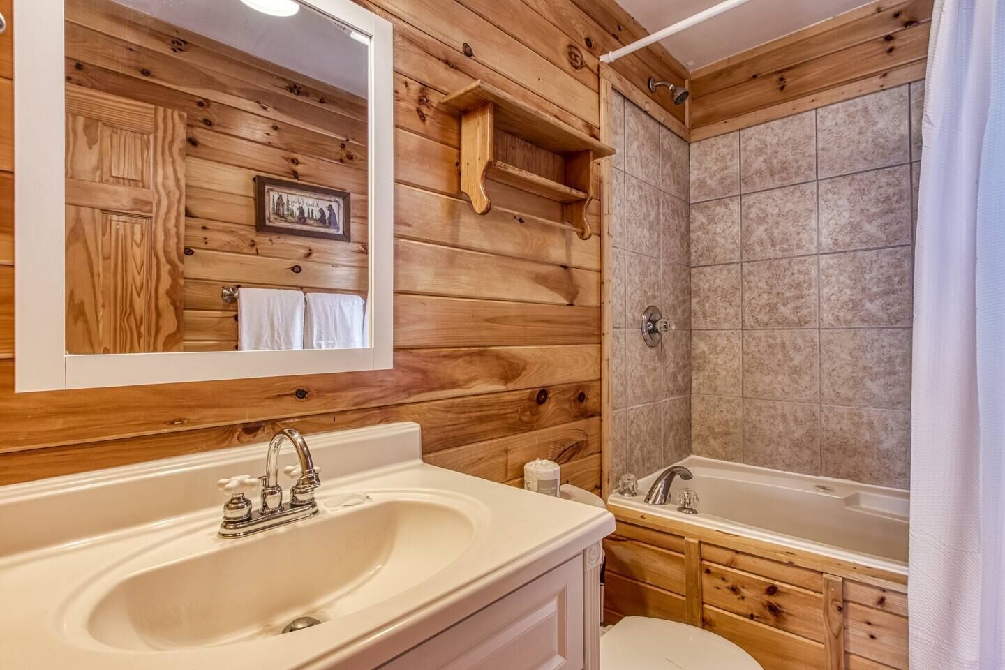 A wooden cabin bathroom with a sink, mirror, and shower.