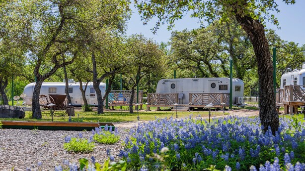 A campsite with RVs, picnic tables, and a field of blue flowers. - Glamping in Spicewood TX Hill Country~ Cabin 4 The Gus at Green Acres (Spicewood)