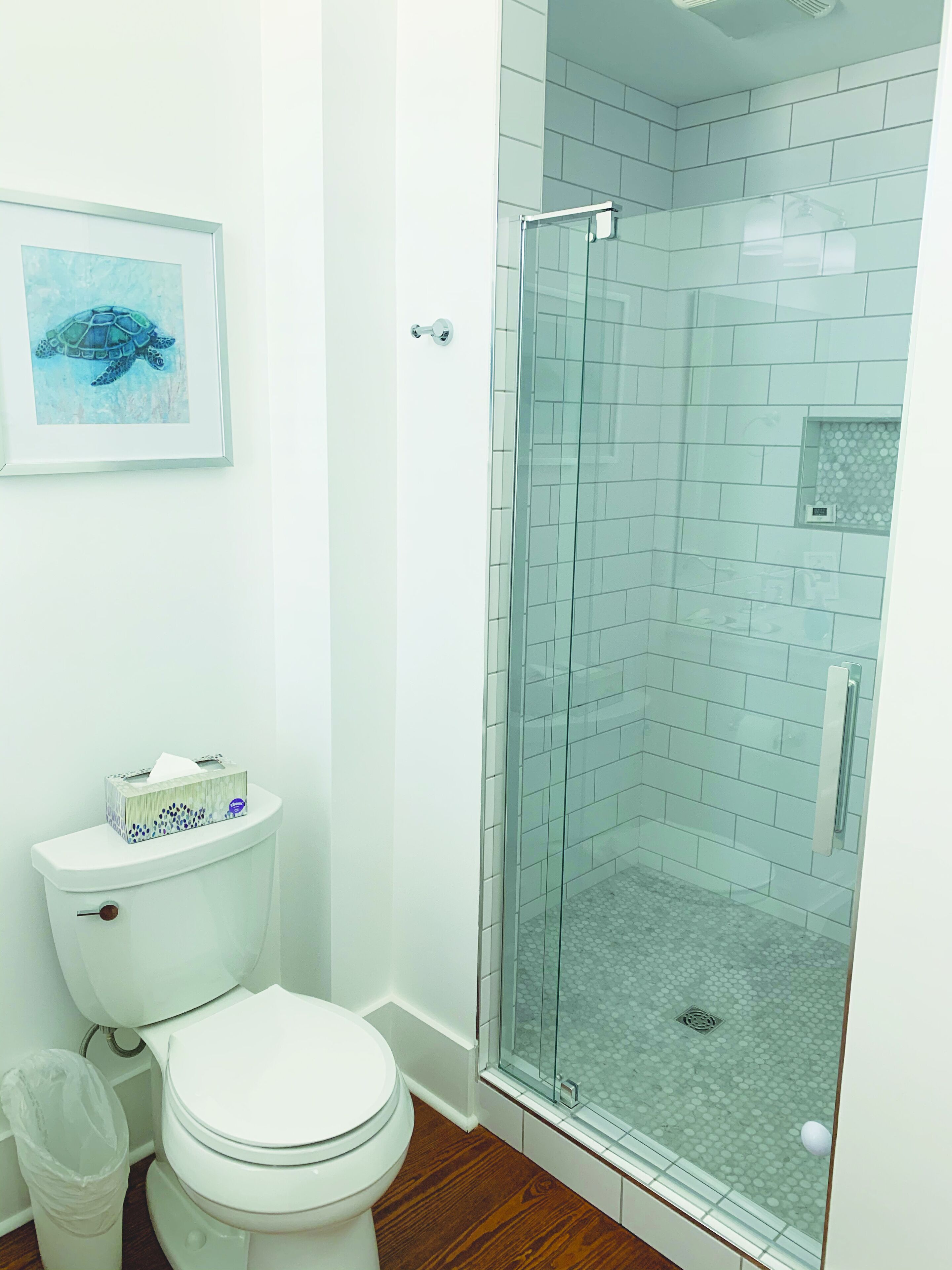 A bathroom with a toilet, a glass-enclosed shower, and a framed picture on the wall.