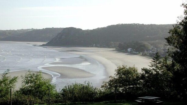 A coastal landscape with a sandy beach, a grassy foreground, and a forested hill in the background.
