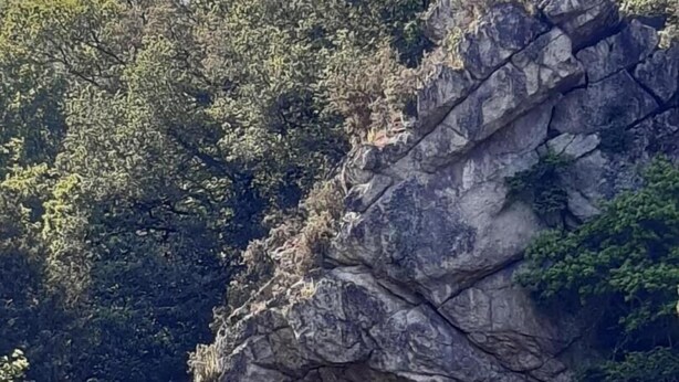 Un edificio de piedra con techo inclinado, ubicado bajo una gran formación rocosa.