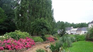 Un jardin avec un étang, une végétation luxuriante et un bâtiment en arrière-plan.