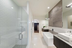 Bathtub, hair dryer, towels