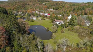 A residential area with a lake, houses, and a church.