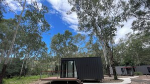 Una cabaña moderna, negra, con puerta de cristal y terraza de madera, rodeada de árboles en un área boscosa.