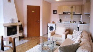 Un espacio habitable funcional con sofá, mesa de centro de vidrio, lavadora y zona de cocina con armarios de madera.