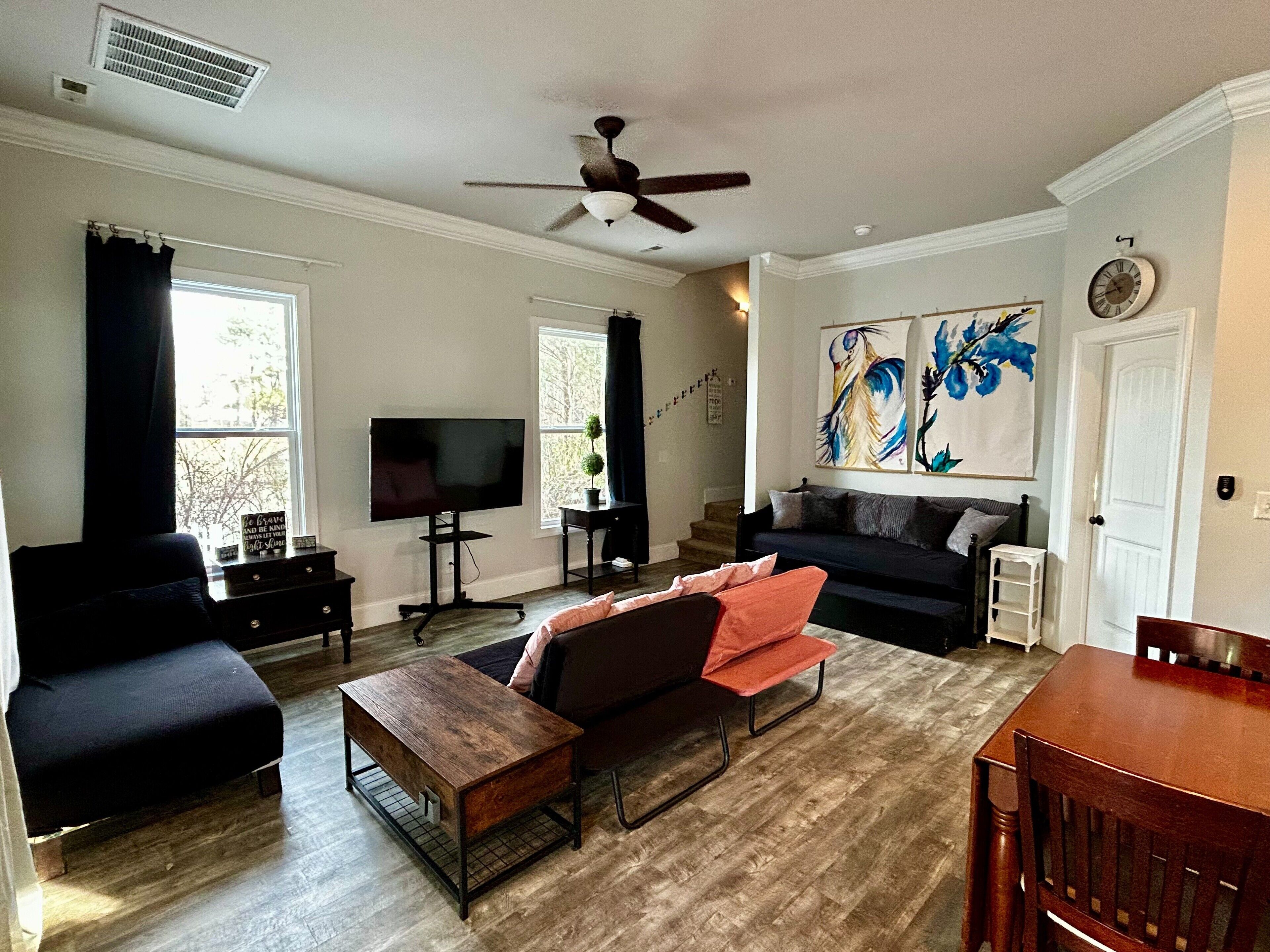 Smart TV, fireplace, books, music library