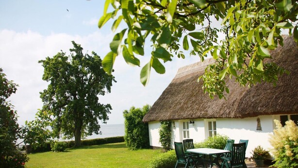 A thatched-roof house with a lawn and a table with chairs. - Beachfront idyll by the sea, private bathing area - Gutshof Ostseeblick FeWo 02 - (Putbus)