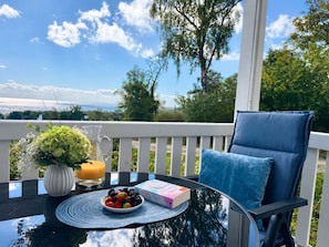 A table with a pitcher of orange juice, a bowl of strawberries and blackberries, and a book on a glass table on a balcony with a view of the ocean and trees.
