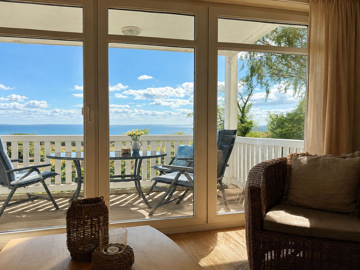 A room with a view of the sea, a wicker chair, a table with a candle, and a sofa.