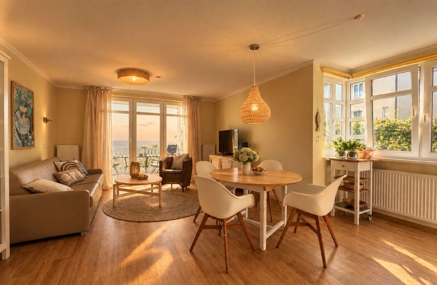 A well-lit living room with a sofa, dining table, chairs, and a TV.