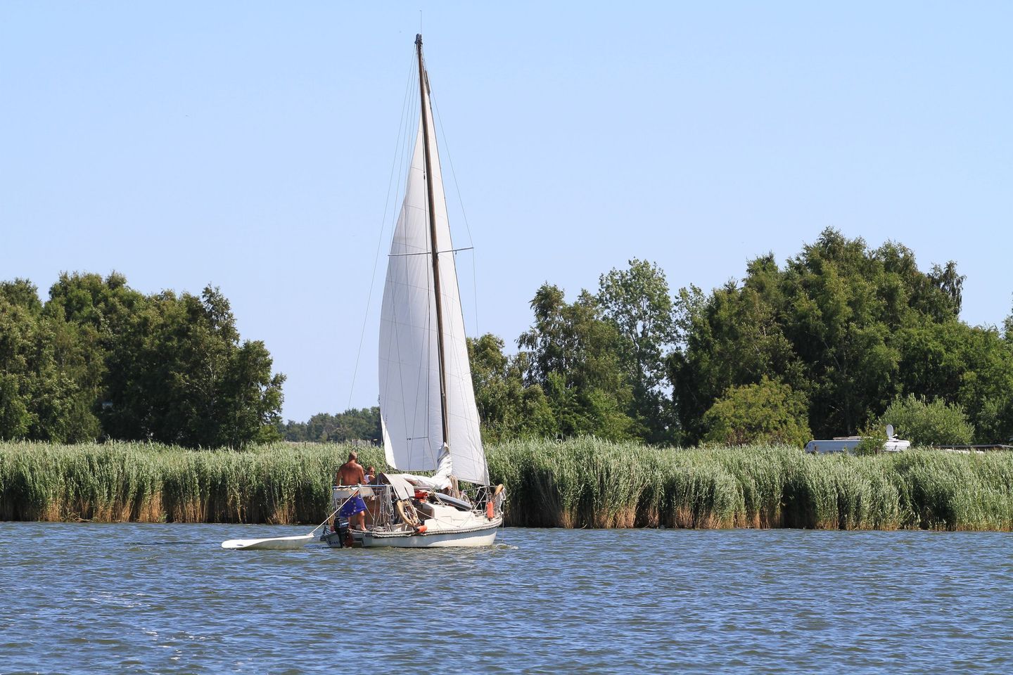 A sailboat on a calm river with a forested bank.