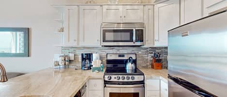 Fridge, microwave, oven, stovetop