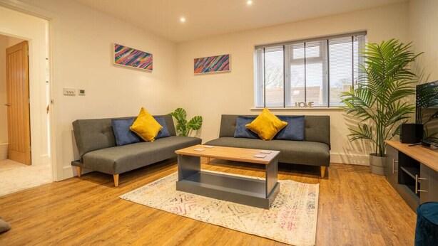 A modern living room with two grey sofas, a wooden coffee table, and a large potted plant. - Skyway First Floor Apartment is a 2 bedroom apartment with parking in Three Bridges (West Sussex)