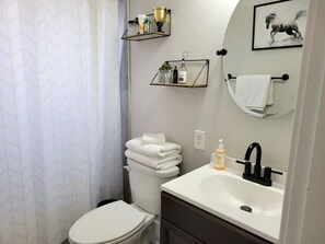 Combined shower/tub, hair dryer, towels