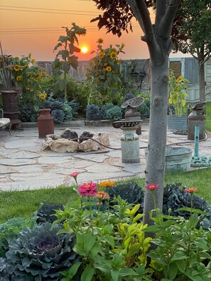 A garden with various plants, a stone pathway, and a rustic metal structure.