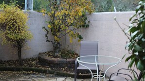 Un patio con suelo de piedra, una mesa de vidrio y dos sillas.