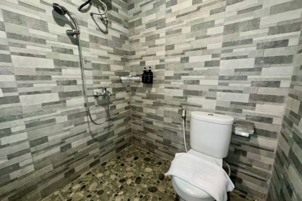 Hair dryer, slippers, towels, soap