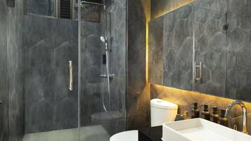 Shower, hair dryer, slippers, towels