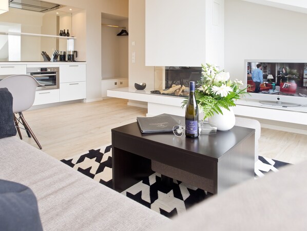 TV, fireplace