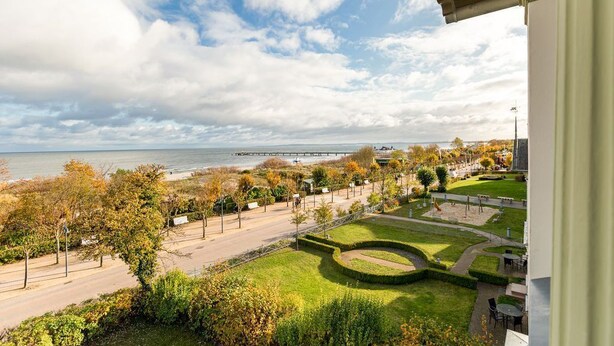 Vista de uma área costeira com um parque, uma estrada e um cais ao longe.