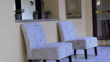 Two upholstered chairs with a patterned fabric, a mirror, and potted plants on a tiled floor.
