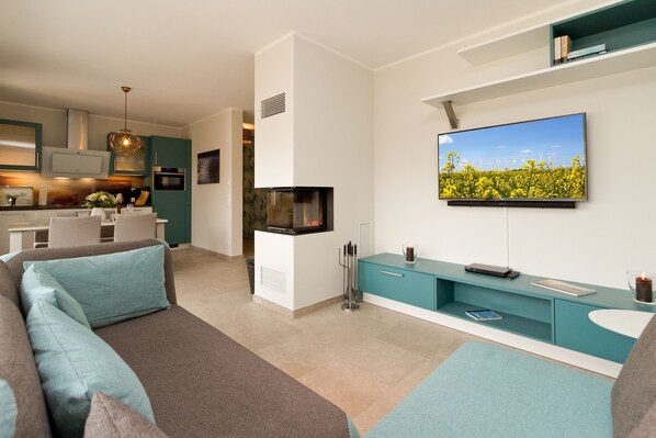 TV, fireplace