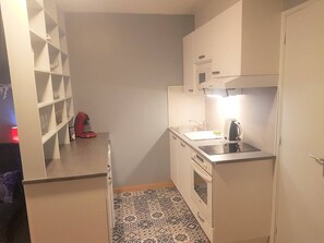 Frigorífico, microondas, horno y placa de cocina