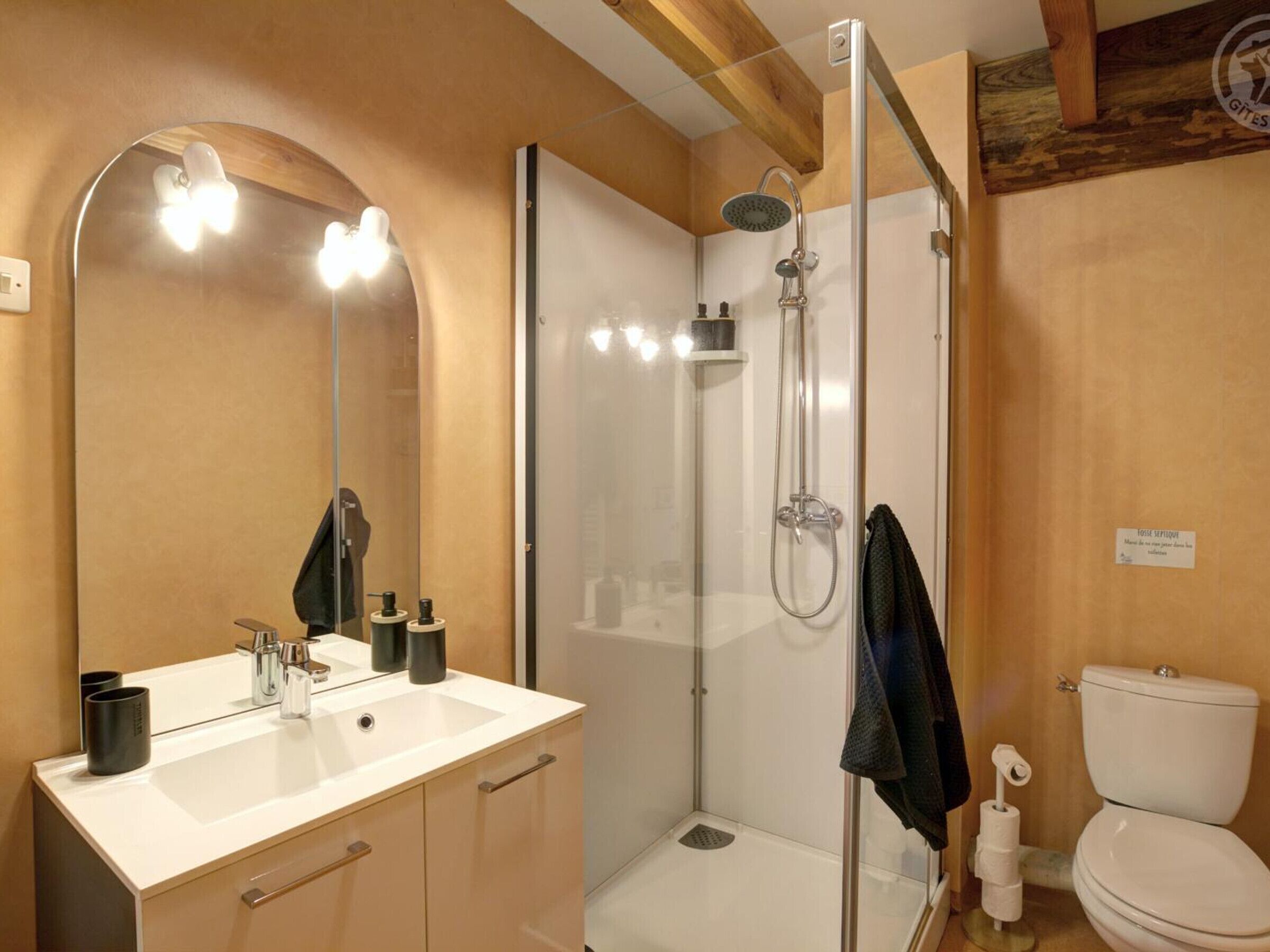 A bathroom with a large mirror, a sink, a shower, and a toilet.