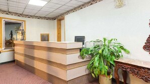 A reception area with a counter, a computer, and a potted plant. - Night Lodge Pocono/bartonsville (Bartonsville)