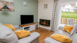 A living room with a flat-screen TV, a fireplace, and a view of a house through a window. - Oak Tree Cottage (Cardigan)
