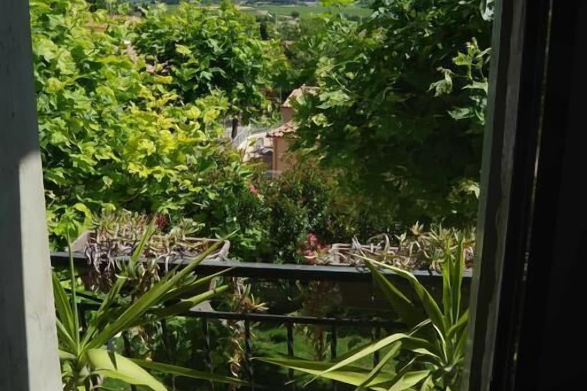 A balcony with a view of a lush garden and distant landscape.