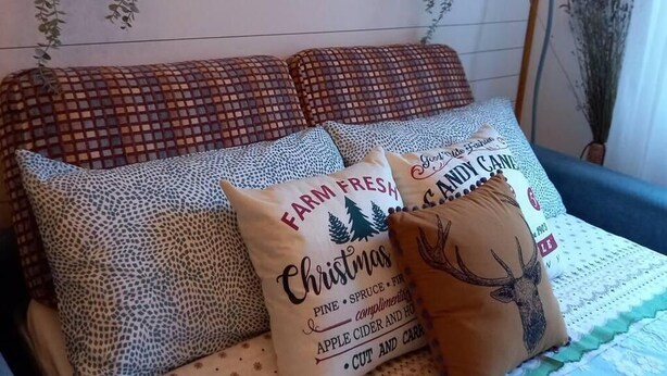 Un dormitorio acogedor con un cabecero a cuadros, almohadones decorativos, un reloj de pared y plantas colgantes.