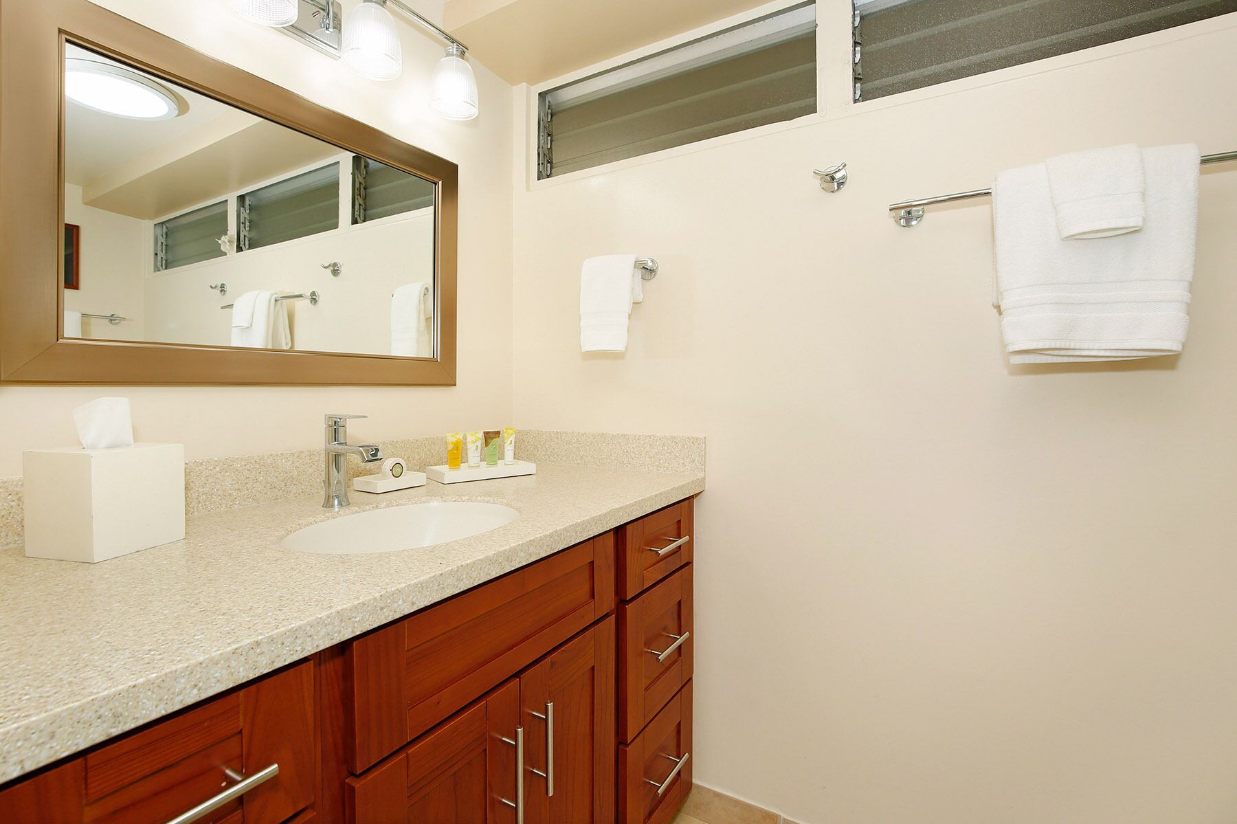 Combined shower/tub, hair dryer, towels